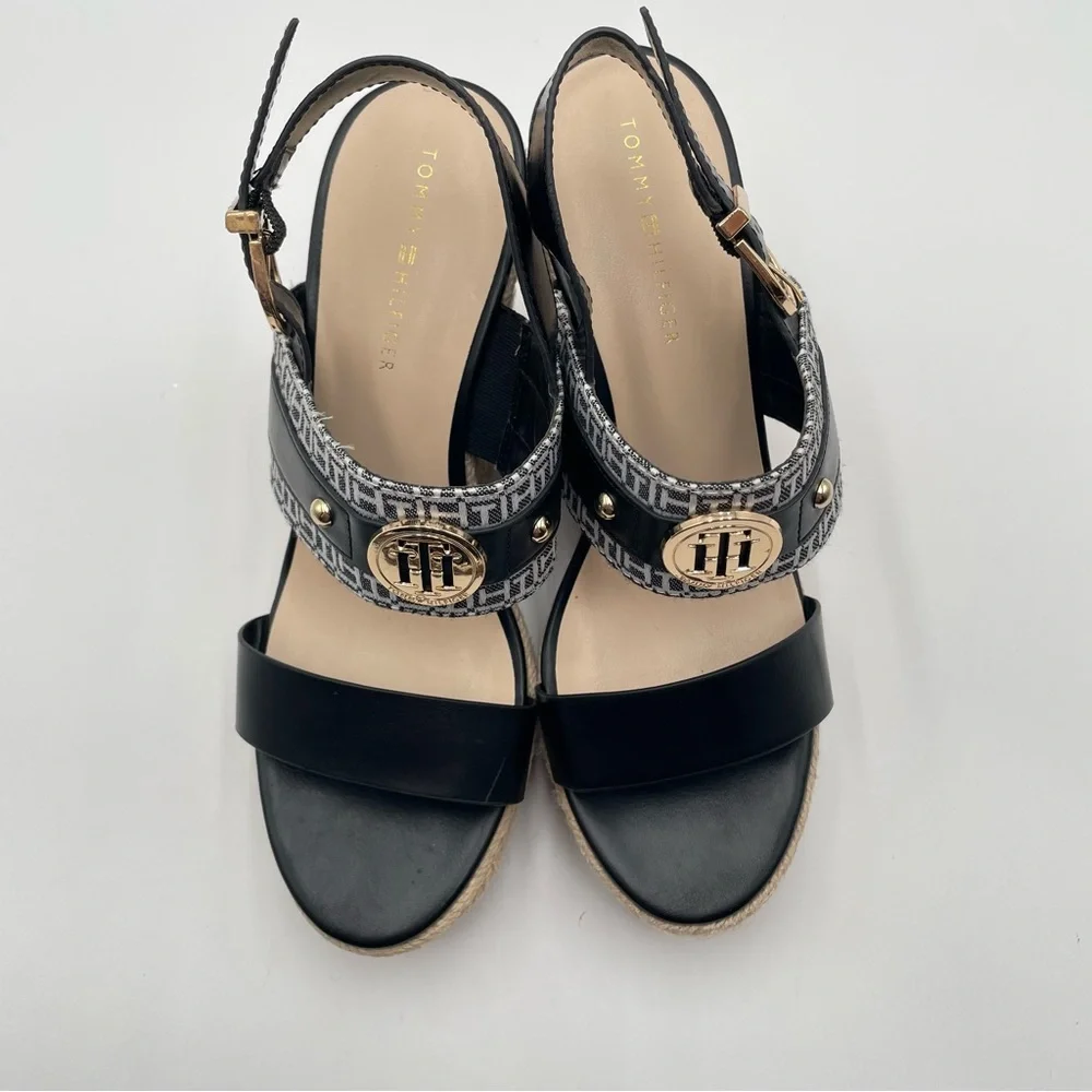 Womens Platform sandals 9.5 Black White wedges Gold Logo Tommy Hilfiger
